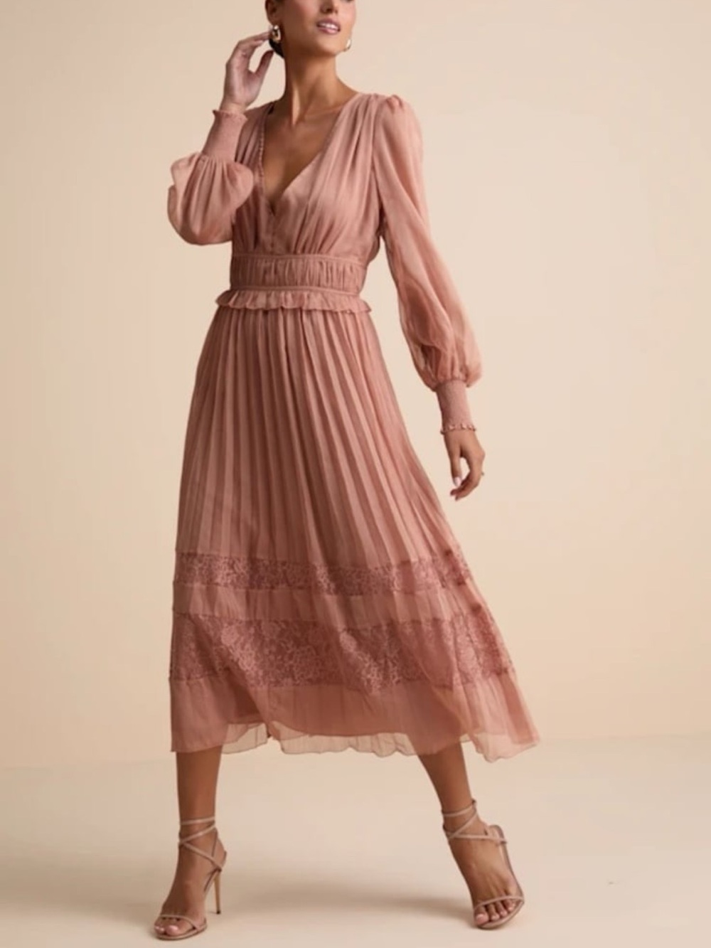 Lulu's Dusty Rose Pleated Midi Dress with Lace Trim